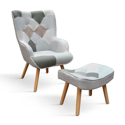 Poltrona patchwork moderna in velluto con poggiapiedi